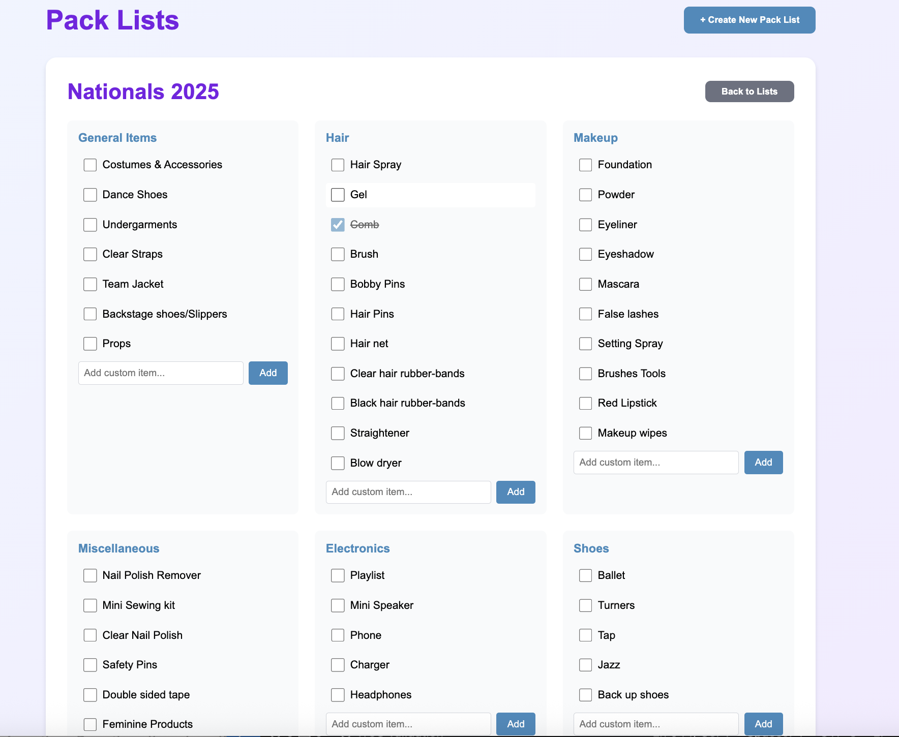Pack list feature screenshot displaying comprehensive packing checklist